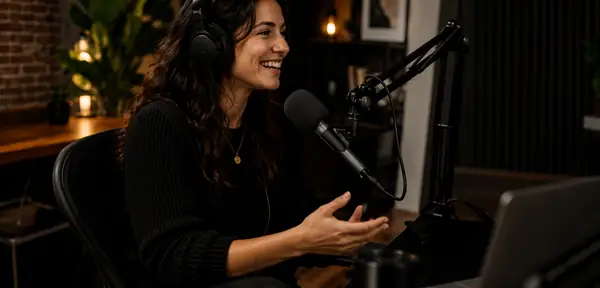 A podcast creator speaking into a microphone in a softly lit recording space.