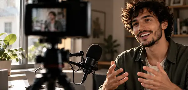 A video creator preparing a recording beside a window in natural light.