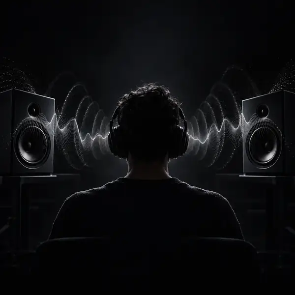 Simple black line illustration of a person between speakers and surrounding sound waves.