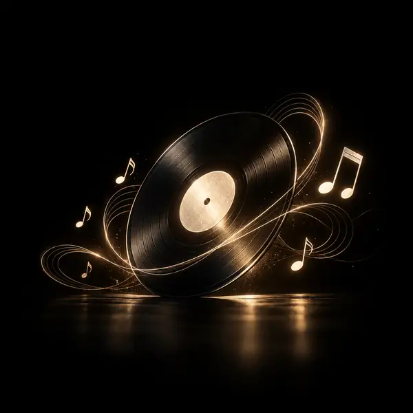 Simple black line illustration of a music disc and musical notes.