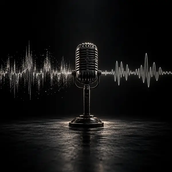 Simple black line illustration of an old microphone and uneven audio signal.